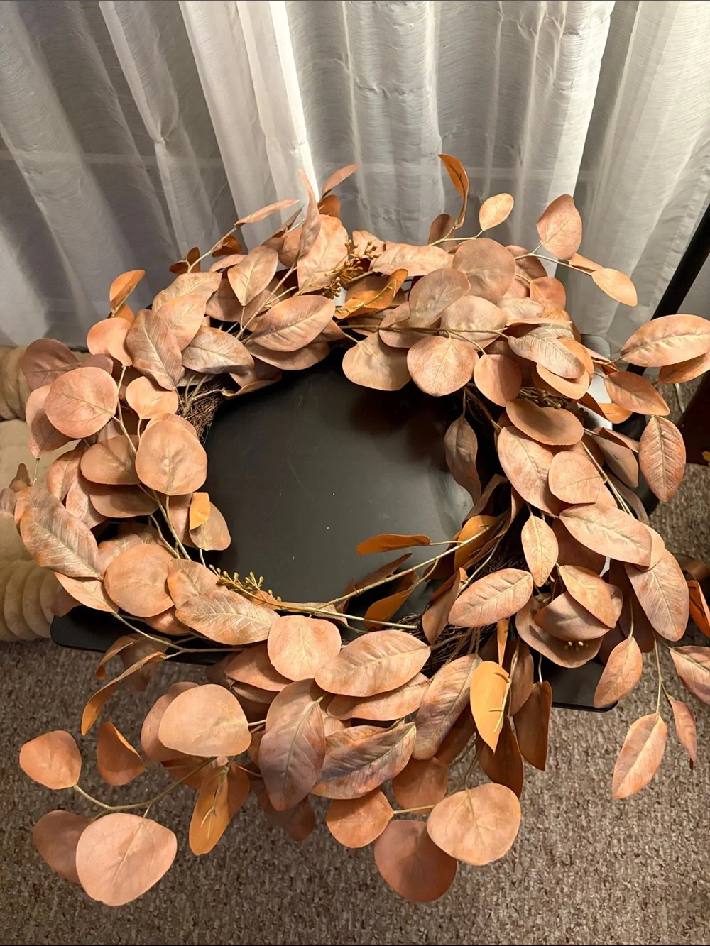 Faux Eucalyptus Leaf Wreath in Warm Copper-Tan Hearth and Home Fall 2025